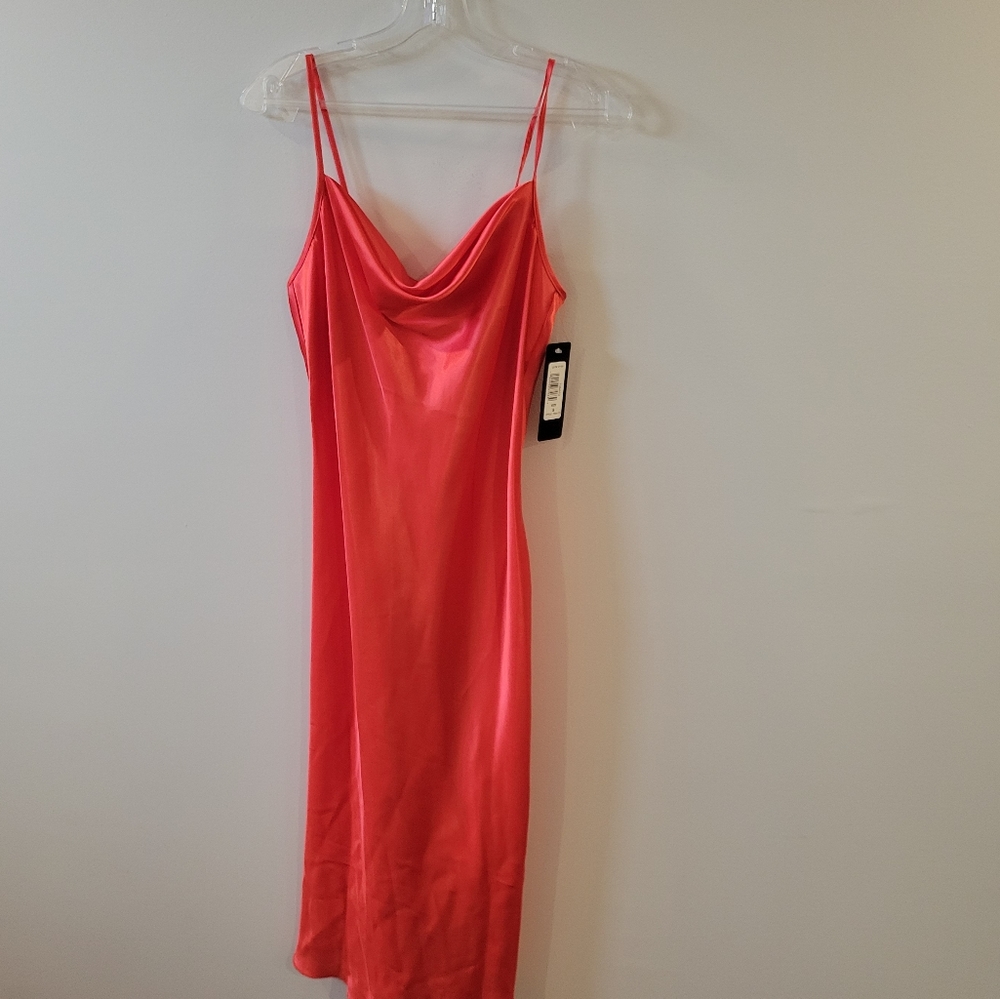 bebe satin cowl neck slip midi dress
